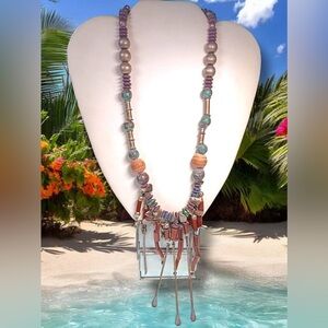 ROXSANN signed stone, shell, bamboo & paddle fringe boho 20" necklace.